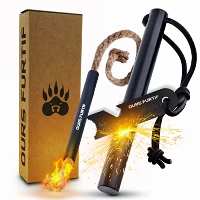 Afbeelding van Firesteel XXL set, survivalsteen, zachte magnesiumstaaf van kwaliteit 12 mm, 20.000 toepassingen, inclusief tondel + paracord tas, accessoires voor kamperen, Bushcraft, wandelen