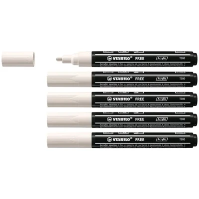 Afbeelding van STABILO FREE Acryl Marker T300 Ronde Punt 2 3 mm Wit Doos 5 stuks