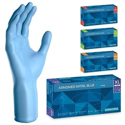 Afbeelding van ARNOMED Wegwerphandschoenen, blauw, extra lang, nitril handschoenen, maat XL, 50% dikker, 100 stuks/doos, wegwerphandschoenen zonder poeder, latexvrije mechanische