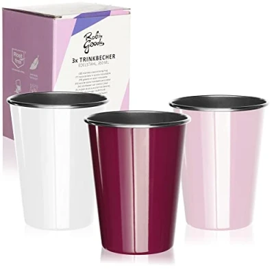 Afbeelding van 3 x roestvrijstalen drinkbekers in wit, roze, paars, hoogwaardige beker, campingbeker, onbreekbaar en BPA vrij (03 stuks, wit/roze/paars)