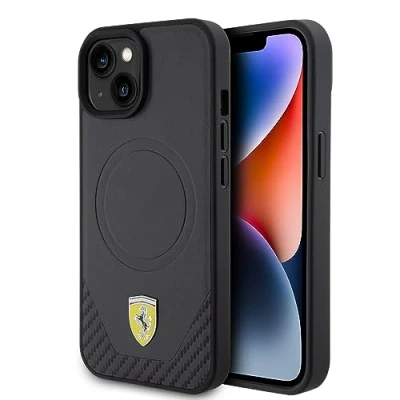 Afbeelding van Ferrari PU Leather Carbon Bottom Back Case (MagSafe Compatible) Geschikt voor Apple iPhone 15 (6.1&quot;) Zwart