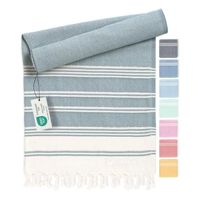 Afbeelding van Hamamdoek van 100% gerecycled katoen, duurzaam en natuurlijk, saunahanddoek, strandhanddoek, douchehanddoek, badhanddoek, yogahanddoek, petrol, 100 x 200 cm, diamant