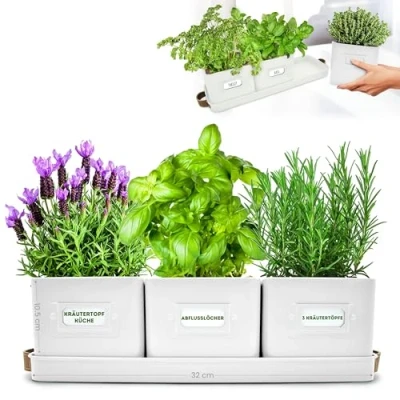 Afbeelding van Green Thumbz Set van 3 kruidenpotten voor keukenvensterbank Warmsteen Met lederen handvat Ideaal kruidentuin, planten en bloemen Etiketten