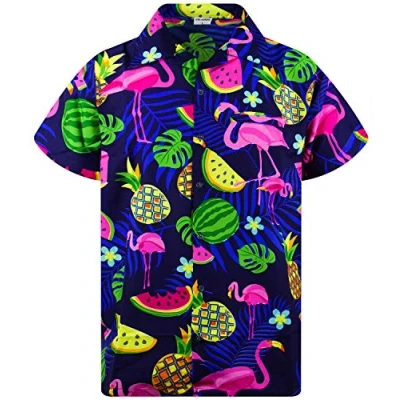 Afbeelding van King Kameha Hawaiiaans Overhemd Hawaii Shirt Heren Korte Mouw Voorvak Hawaiian Afdrukken Flamingo Meloen, Melon Blauw, XL