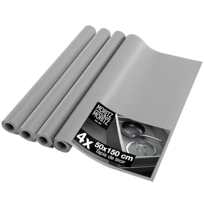 Afbeelding van Moritz &amp; 4 stuks grijze ladematten, 50 cm breed, antislip mat voor laden, x 150 cm, als keukenlade inzetstuk of kastfolie, met 20 schoolbordstickers