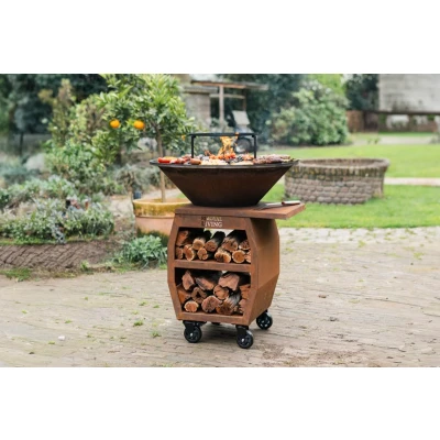 Afbeelding van RJRoyal Living Plancha grill BBQ Companero XXL cortenstaal 2.0 grillring met hoes en houtopslag vuurschaal buitenkeuken corten staal