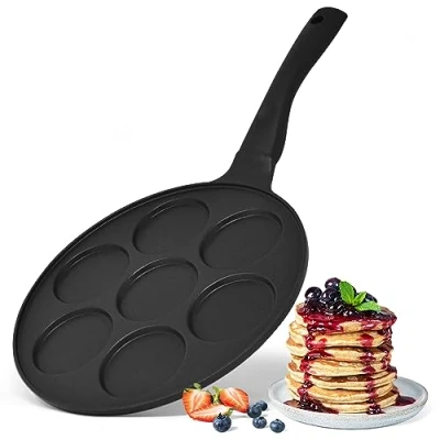 Afbeelding van Joeji&#039;s Kitchen Pancake Pannenkoekenpan met 7 holle ruimtes licht 26,5 cm gegoten aluminium anti aanbaklaag inductie veelzijdig inzetbaar gehemelte hampan gebakken ei (7 gaten)