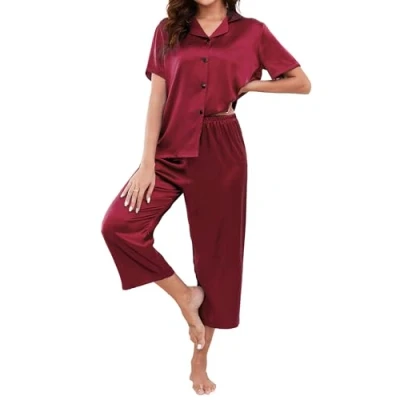 Afbeelding van Reliwel zijden pyjamaset voor dames, top met korte mouwen en broek, tweedelige pyjama knoopsluiting bruidsmeisjes, comfortabele nachtkleding, kleding, Wijn rood