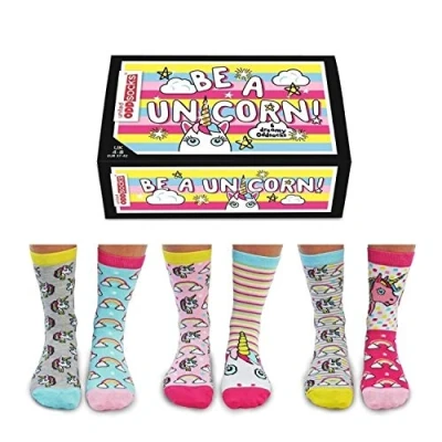 Afbeelding van United Oddsocks Doos met 6 meerkleurige niet overeenkomende sokken dames Eenhoorn Be A (meerkleurig), maat EU 37 42, (meerkleurig)