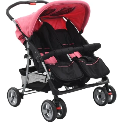 Afbeelding van vidaXL Tweelingkinderwagen staal roze en zwart