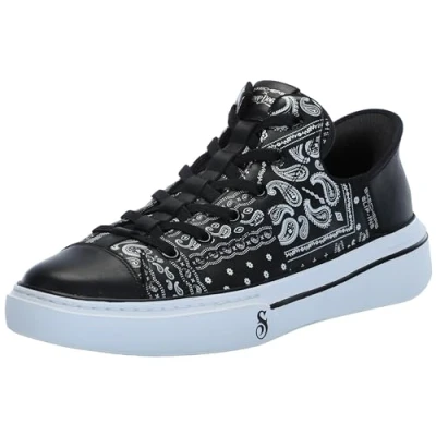 Afbeelding van Skechers Handsfree Slip X Snoop Dogg One Double G Sneakers voor heren, Zwart en wit bandana print leer