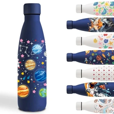 Afbeelding van Thermosfles voor kinderen, 500 ml, gepersonaliseerde thermosfles, metalen fles, lekvrij, staal, school, kantoor, sport, fietsen, asteroïde, donkerblauw