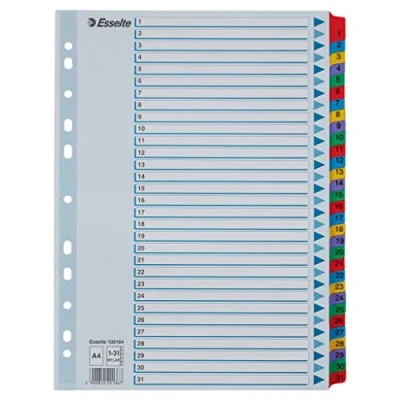 Afbeelding van Esselte A4 31 Tabbladen, versterkte knoppen en geperforeerde strip van Mylar, robuuste karton, blauw, tabs met inhoudslijst, 100164