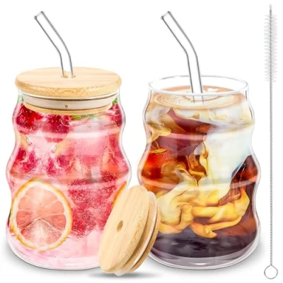Afbeelding van BUOAZR Set van 2 koffieglazen, 530 ml, cappuccino glas, latte kopjes glas met deksel, gegolfde theeglazen glazen rietje en borstel, voor bier, melk, water, sap, koffie