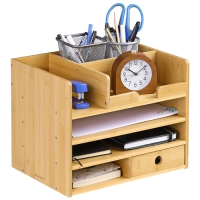 Afbeelding van Navaris Bamboe Houten Bureau Organiser Bureaukastje van hout 33 x 24 26 cm Voor kantoorartikelen en brieven Met 1 lade