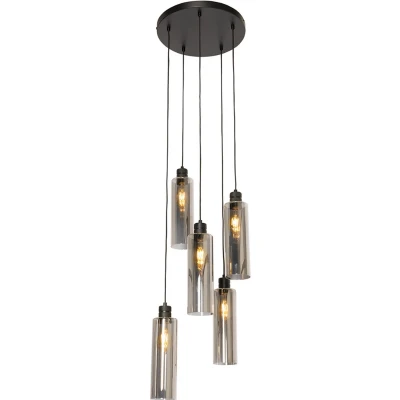 Afbeelding van QAZQA Moderne hanglamp zwart met smoke glas 5 lichts Stavelot