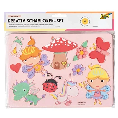 Afbeelding van folia 40613 Creatief Princess sjablonen, 6 sjablonen met schildersjablonen, voor het schilderen van sprookjesachtige figuren, eenvoudig te gebruiken kleurpotloden, viltstiften en markeerstiften