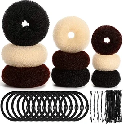 Afbeelding van 9 delige donut haarknotmaker haarknot set met 12 elastische banden en 32 haarspelden (zwart, bruin, beige)