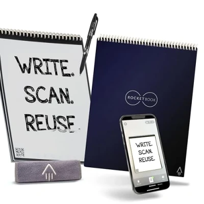 Afbeelding van Rocketbook Flip digitaal notitieboek, herbruikbaar, A4, blauw, elektronische ringband met lijnen en stippenraster, Pilot Frixion pen microvezeldoek