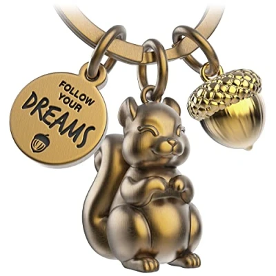 Afbeelding van FABACH Skippy eekhoorn sleutelhanger met gravure Leuke Geluksbrenger Motiverend cadeau voor vriendin Volg je dromen, Brons, Schattig