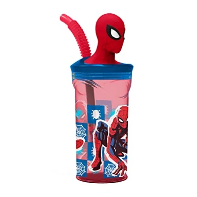 Afbeelding van p:os 35478 Spiderman kinderbeker met geïntegreerd rietje, deksel en 3D figuur, ca. 360 ml container, ideaal voor koude dranken