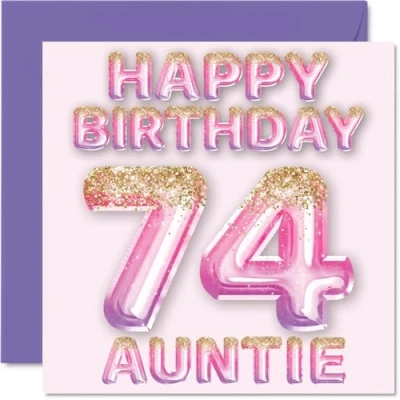 Afbeelding van Verjaardagskaart voor tante 74 jaar, roze en paarse glitterballonnen, verjaardagskaarten jarige van neef nichtje, 145 mm x