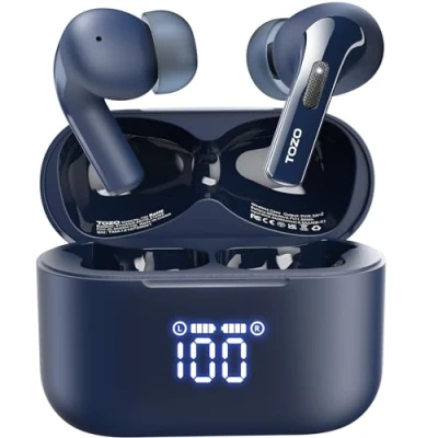Afbeelding van TOZO T20 draadloze Bluetooth hoofdtelefoon met 48,5 uur looptijd digitaal led display, IPX8 waterdicht, dubbele microfoon, 10 mm luidsprekers groot bereik oplaadhoes