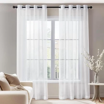 Afbeelding van Deconovo 2 stuks gordijnen, wit, kunstlinnen, met oogjes, 140 x 290 cm, decoratie voor woonkamer, slaapkamer, volwassenen, transparant