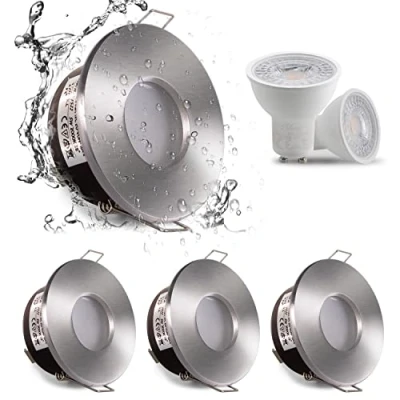 Afbeelding van 4 x Sweier inbouwplafondlamp, IP65, led, 5 W, warmwit, 3000 K (inclusief GU10 lampen), voor badkamer en keuken, gesatineerd nikkel, uitsparing 68 mm