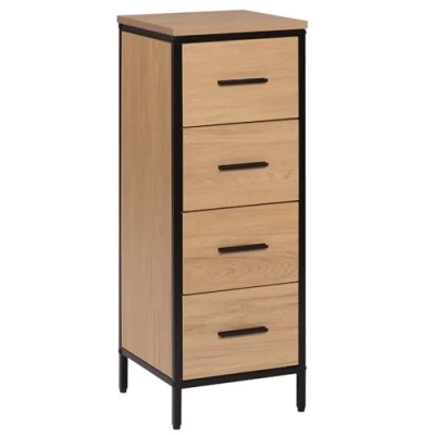 Afbeelding van EUGAD Badkamerkast, kast met 4 etages, staande zuilmeubel, opbergkast van kunsthout en MDF, houtkleur, zwart metalen frame, 30 x 82 cm