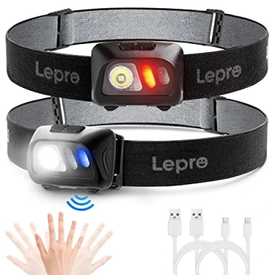 Afbeelding van Lepro Oplaadbare hoofdlamp, 1500 Lux 5 verlichtingsmodi, led ultrakrachtig, USB, bewegingsmelder, 60 graden verstelbaar, waterdicht en licht, voor vissen, kamperen, hardlopen