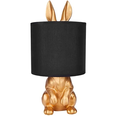 Afbeelding van BRUBAKER Tafel of bedlampje gouden haas tafellamp met keramische voet en stoffen kap 42 cm hoog, zwart goud