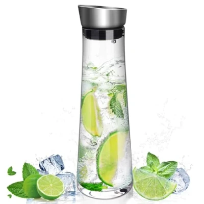 Afbeelding van Hisdricus glazen waterkan, 1 liter, karaf met deksel, ideaal voor koude thee, warm en koud water, melk, koffie wijn