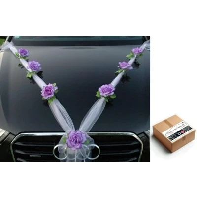 Afbeelding van Autoschmuck organza M autodecoratie bruiloft lint en rozen (lila/wit)