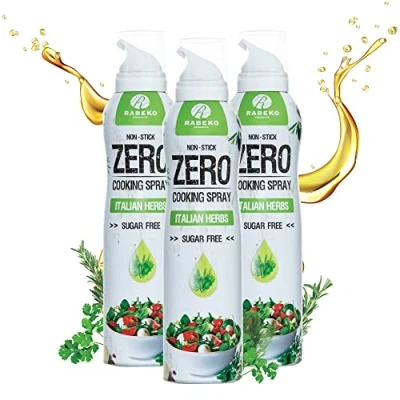 Afbeelding van Rabeko Zero caloriearme kookspray, Italiaanse kruiden, 800 porties, 2 kcal per spray, spray voor frituren, grillen en bakken, zonder additieven, suikervrij, glutenvrij, 3 x 200 ml