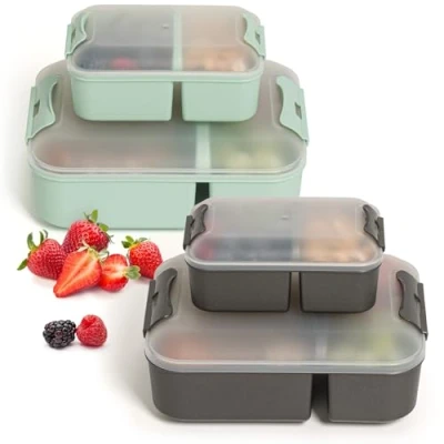 Afbeelding van Hausfelder Set van 4 lunchboxen met vakken Voor volwassenen en kinderen (zwart mintgroen, 2 grote kleine)