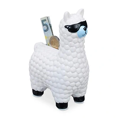 Afbeelding van Relaxdays lama spaarpot met zonnebril spaarvarken spaarpotje alpaca keramiek wit