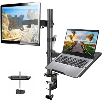 Afbeelding van HUANUO Monitorarm met Laptoplade, Volledig Instelbaar Voor 13 tot 27 inch LCD LED Scherm &amp; 15,6 Notebook, 2 Montageopties