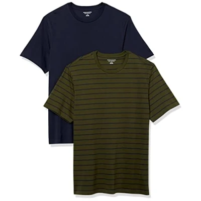 Image de Amazon Essentials Lot de 2 t shirts à manches courtes et col rond pour homme, coupe classique, rayures bleu marine/olive, taille XS