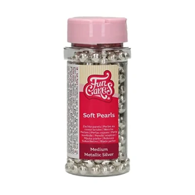 Image de FunCakes perles Moelleuses Moyennes Metallic Argent: sprinkles gâteau, bon goût, parfait pour la décoration de gâteaux, sucre tendre comestibles. 55 g.