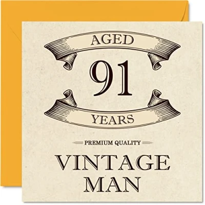 Afbeelding van Vintage verjaardagskaarten voor mannen 91 jaar Grappige verjaardagskaart opa, vader, echtgenoot, oom, broer, 145 mm x mm, wenskaart 91e verjaardag
