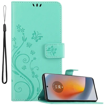 Afbeelding van Cadorabo Hoesje geschikt voor Motorola Moto Edge 50 Fusion in BLOEMEN TURKOOIS Beschermhoes bloemmotief met magnetische sluiting, standfunctie en kaartsleuven Book Case Cover Etui