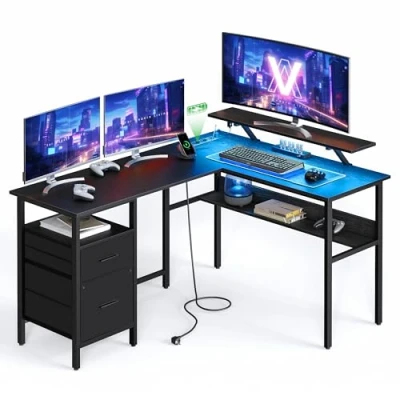 Afbeelding van VASAGLE L bureau met stopcontacten, hoektafel, computerbureau monitorstandaard, gamingbureau ledverlichting, 2 laden, USB poorten, ebbenhout zwart LWD095B01