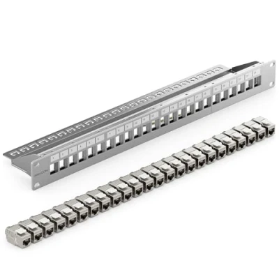 Afbeelding van deleyCON Set met 24 poorten, modulair patchpaneel, 1 U, 19 inch, rack installatie + x Keystone RJ45 CAT6a modules, compatibel LAN kabel, CAT5, CAT6, CAT7, installatiekabel, grijs