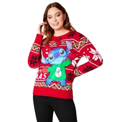 Afbeelding van Disney Kersttrui, Stitch, dames, Kerstmis, jumper, grappig, familie, paar, volwassenen, jongeren, S XXL, officiële trui, Stitch rood