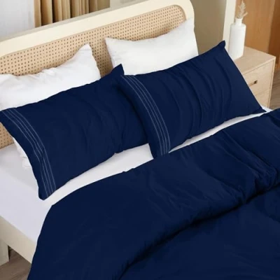 Afbeelding van Utopia Bedding Dekbedovertrek 200 x cm met 2 kussenslopen, geborduurd, 50 75 cm, marineblauw, beddengoed van zachte geborstelde microvezel,