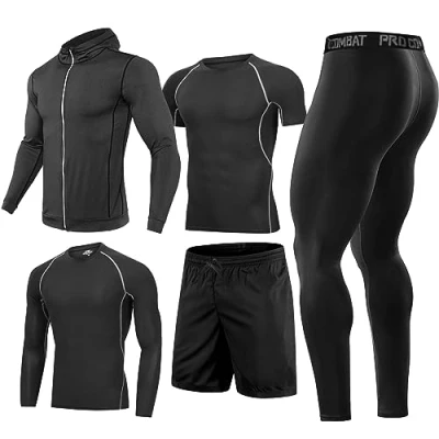 Afbeelding van Sportkleding voor mannen, compressiekostuum, fitnesskostuum, compressiebroek hardlopen in de open lucht, overhemd, top, lange mouwen, compressiepanty, 01 Zwart 5 Stukken, XL