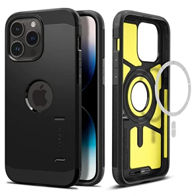 Image de Spigen Tough Armor MagFit Coque de protection pour téléphone portable compatibilité avec MagSafe polycarbonate, polyuréthanne thermoplastique (TPU), mousse à impact noir Apple iPhone 14 Pro Max