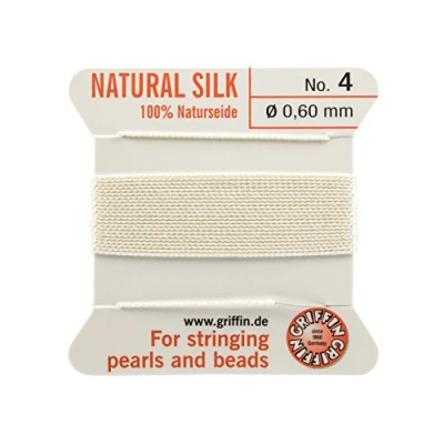 Afbeelding van Snoer/touw/draad voor het rijgen van 100% natuurlijke zijde met witte naald 2 meter 13 maten beschikbaar, wit, 0,60 mm