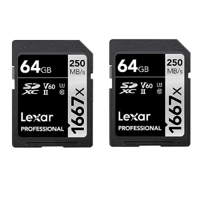 Afbeelding van Lexar Professional 1667 x SD kaart 64 GB, set van 2 kaarten, SDXC UHS II geheugenkaart, tot 250 MB/s lezen, klasse 10, U3, V60, voor professionele fotograaf, videograaf (LSD1667064G B2NAA)